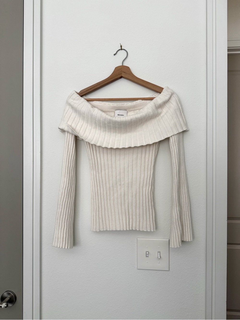 REFORMATION • lana foldover cotton cashmere off shoulder ribbed sweater